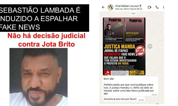 Notícia publicada por Sebastião Lambada em que a justiça mandou jota Brito se retratar é falsa; Não existe decisão judicial sobre o caso